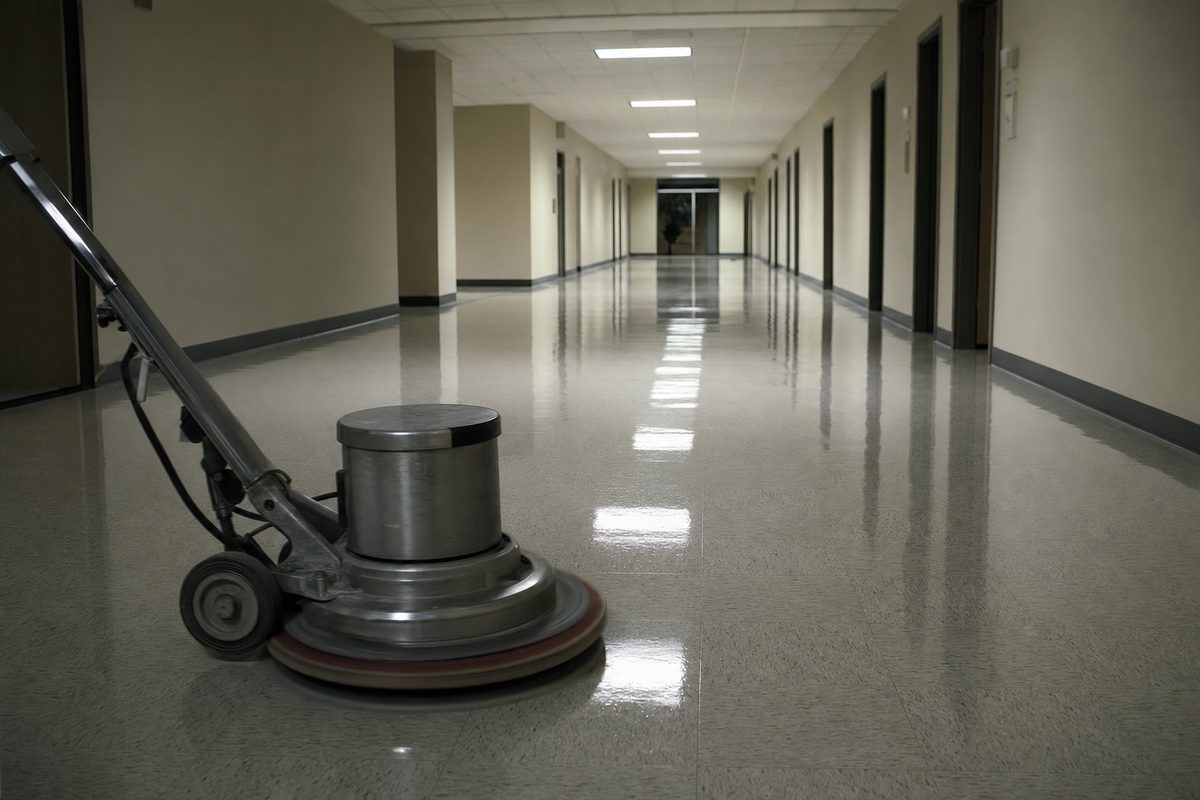 Commercial hard floor being refinished to a high-gloss shine in a Tampa Bay facility